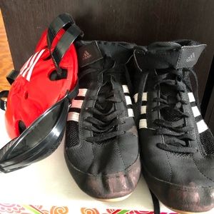 Wrestling shoes and headgear. Adidas. Men’s 7.